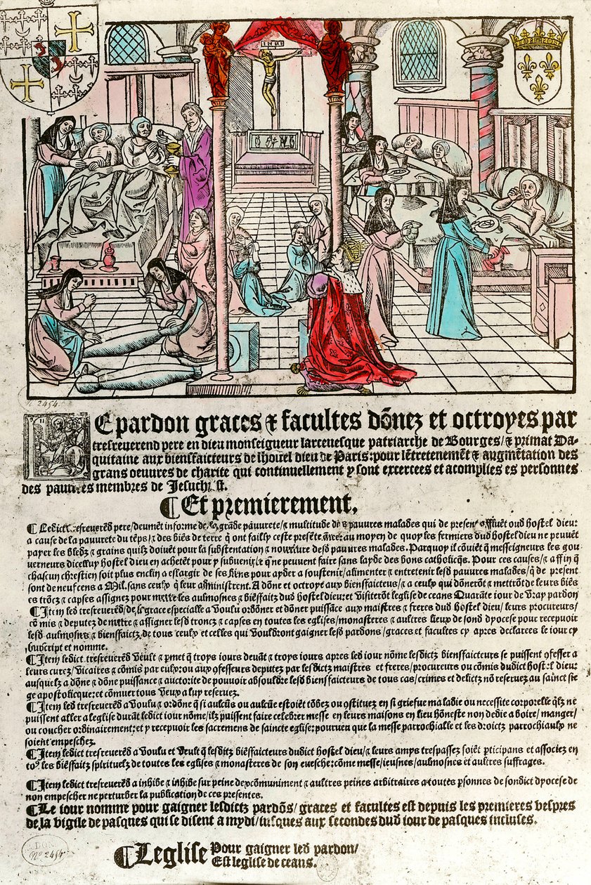 Sjukhus på 1500-talet: Avlatsbrev (Till höger: en sjukhusscen. Agauche: döende och död). Gravyr av 1500-talet. Privat samling. av Unknown artist