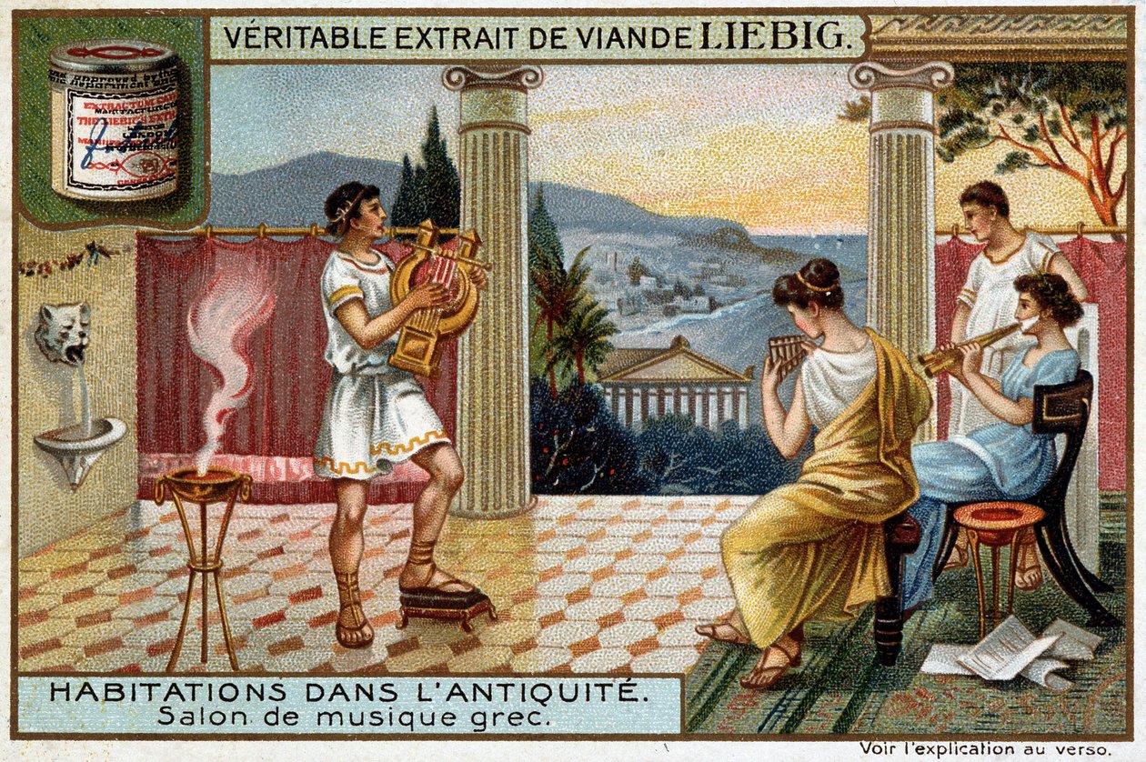 Hus i antiken: Grekiskt musikrum - Liebig Chromolithography av Unknown artist