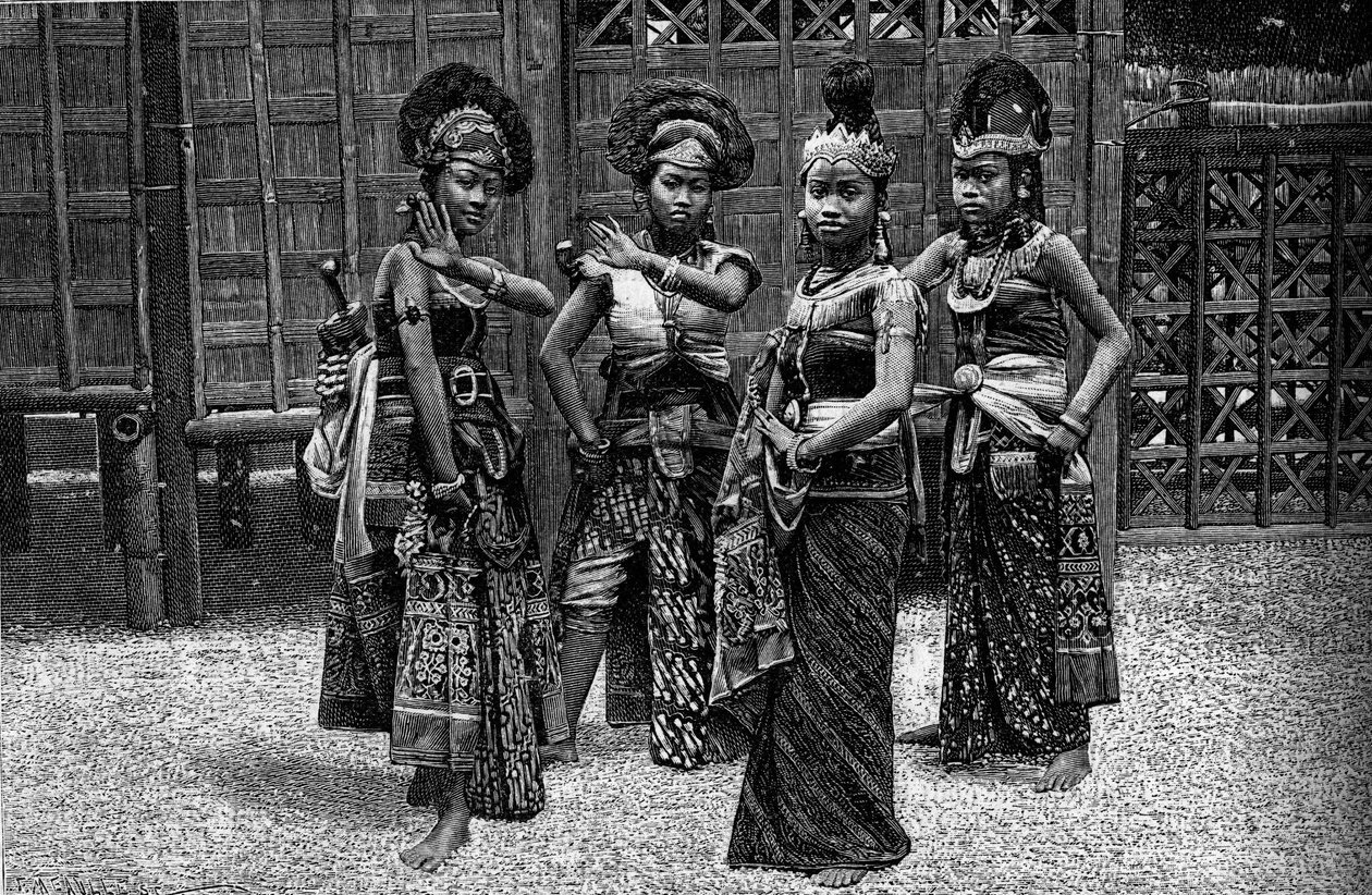 Human Zoo: Javanesiska dansare i kampong, på världsutställningen 1889. (Från ett fotografi av Mr. Levy). Gravyr i "" Le Journal de la jeunesse"" av Unknown artist