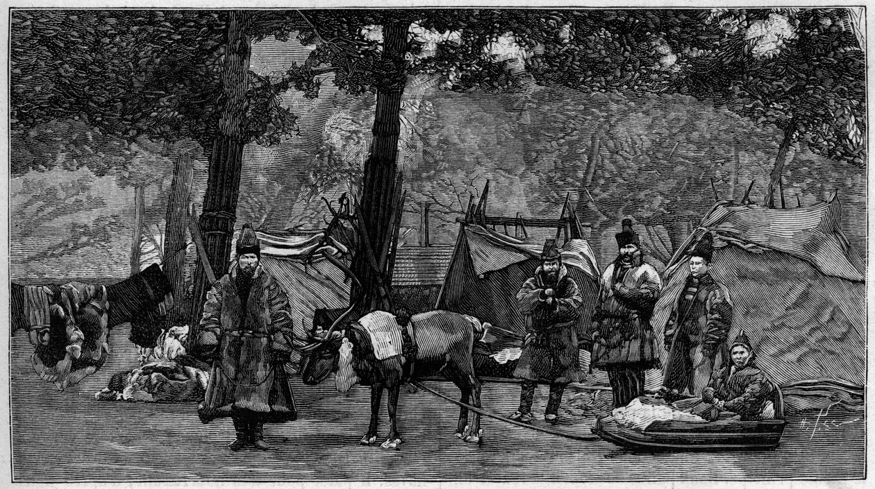 Human Zoo: Lappläger i Paris acklimatiseringsträdgård. Gravyr i "" Nature. Granskning av vetenskap och dess tillämpningar på konst och industri. av Unknown artist