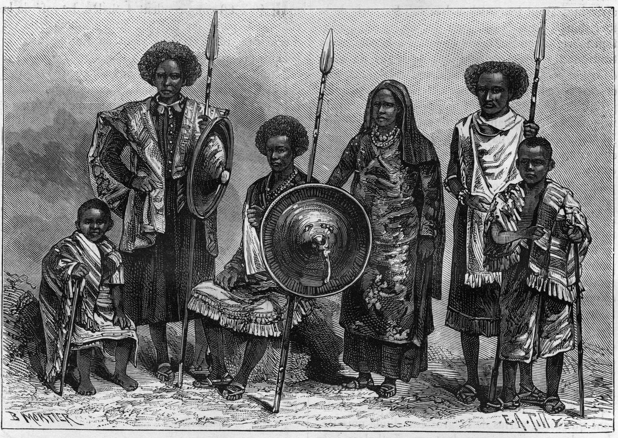 Human Zoo: grupp av Assabais, en stam av Etiopien, då italiensk koloni. Utställd i Turin som en del av 1884 års nationella utställning. Gravyr i "" Naturen. Granskning av vetenskap och dess tillämpningar på konst och industri. 1884 av Unknown artist