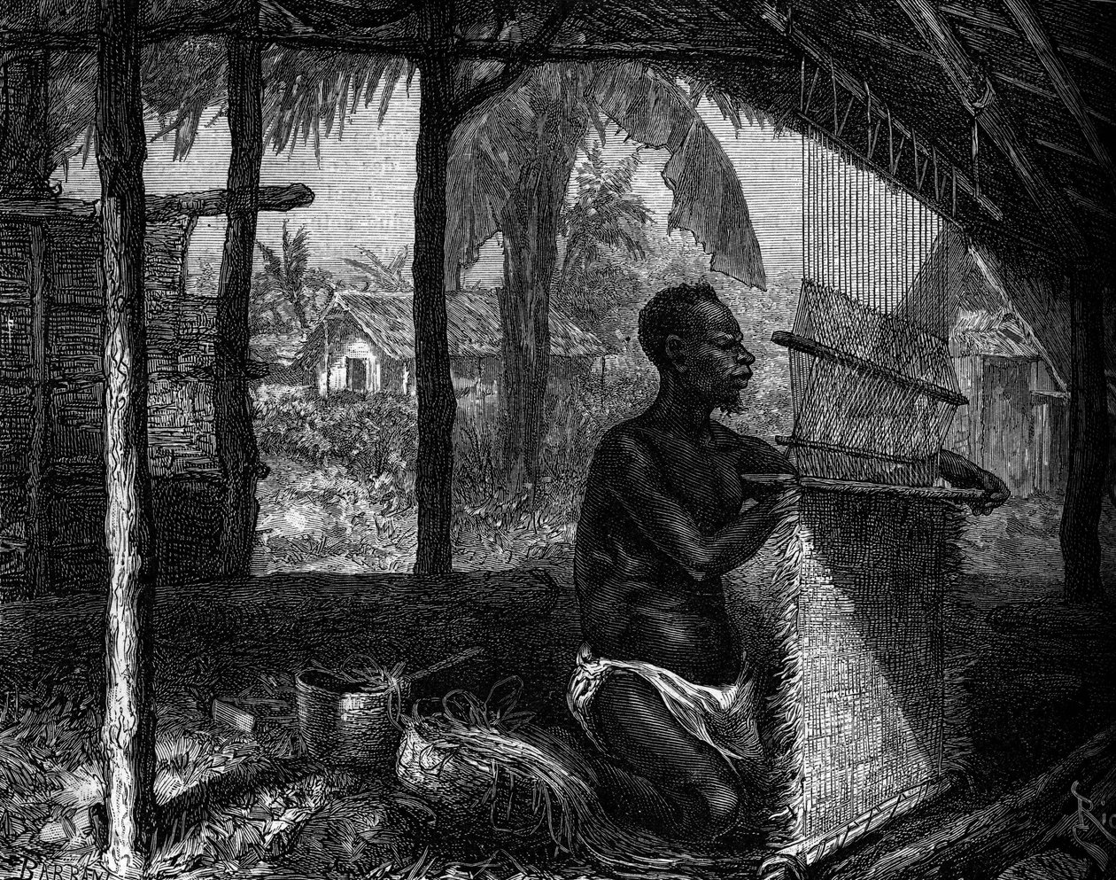 Human Zoo: vävare mjukgjorde Gabon på världsutställningen 1889. Gravyr i "" Le Journal de la jeunesse"" av Unknown artist