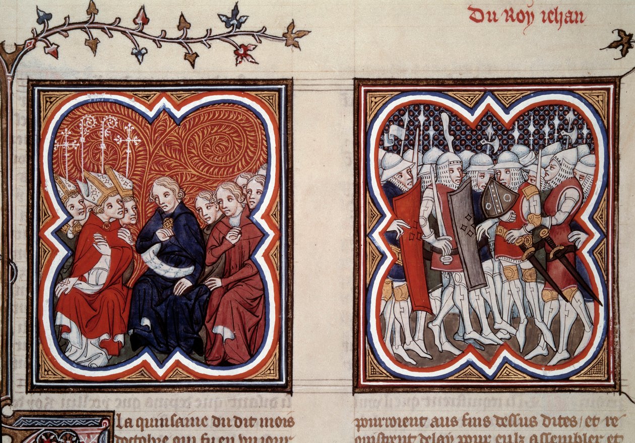 Hundraårskrig: "Till vänster den blivande delfinen Karl V den vise (1338-1380) (regent vid denna tid) och generalstaternas rådmän beordrade befrielsen av hans far Johannes II efter slaget vid Poitiers 1356, han var omgiven av Etien av Unknown artist