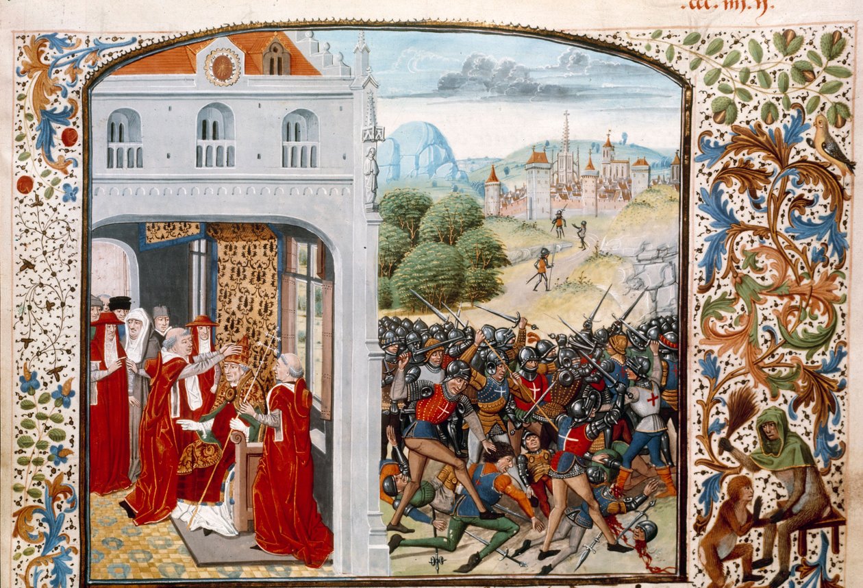 Hundraåriga krig: ”” Påven Gregoire XI (1329-1378) krönte Avignon 1370. Slaget vid Pontvallain mellan franska och engelska den 4/12/1370”” Miniatyr från ”Chronicles”” av Jean Froissart (1337-1400) 1400-talets Paris. B.N. av Unknown artist
