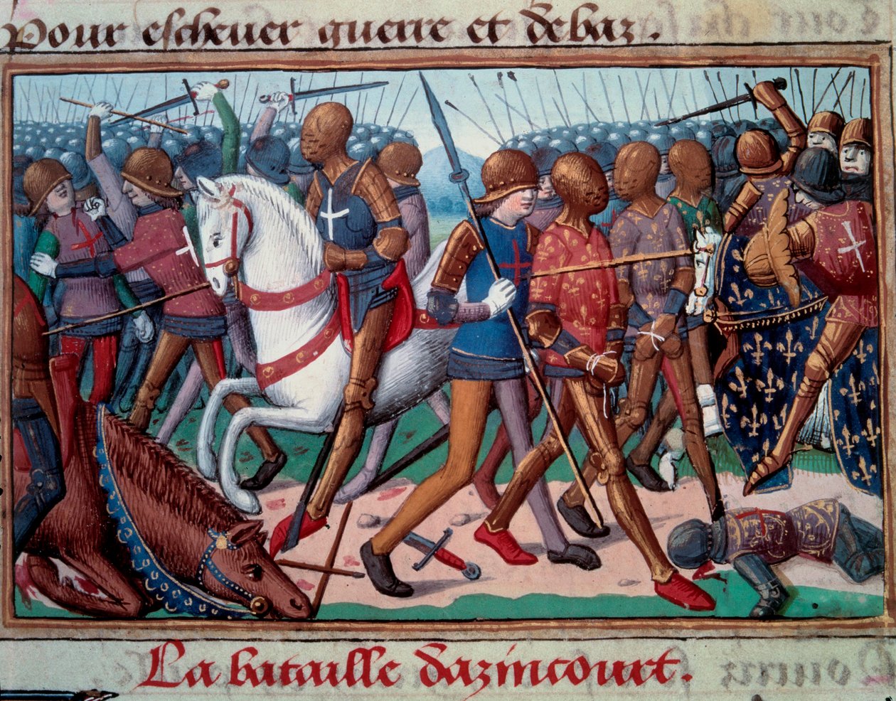 Hundraåriga krig: "" Slaget vid Agincourt den 25/10/1415"" Miniatyr från manuskriptet till "" Vigiles of King Charles VII"" av Martial d