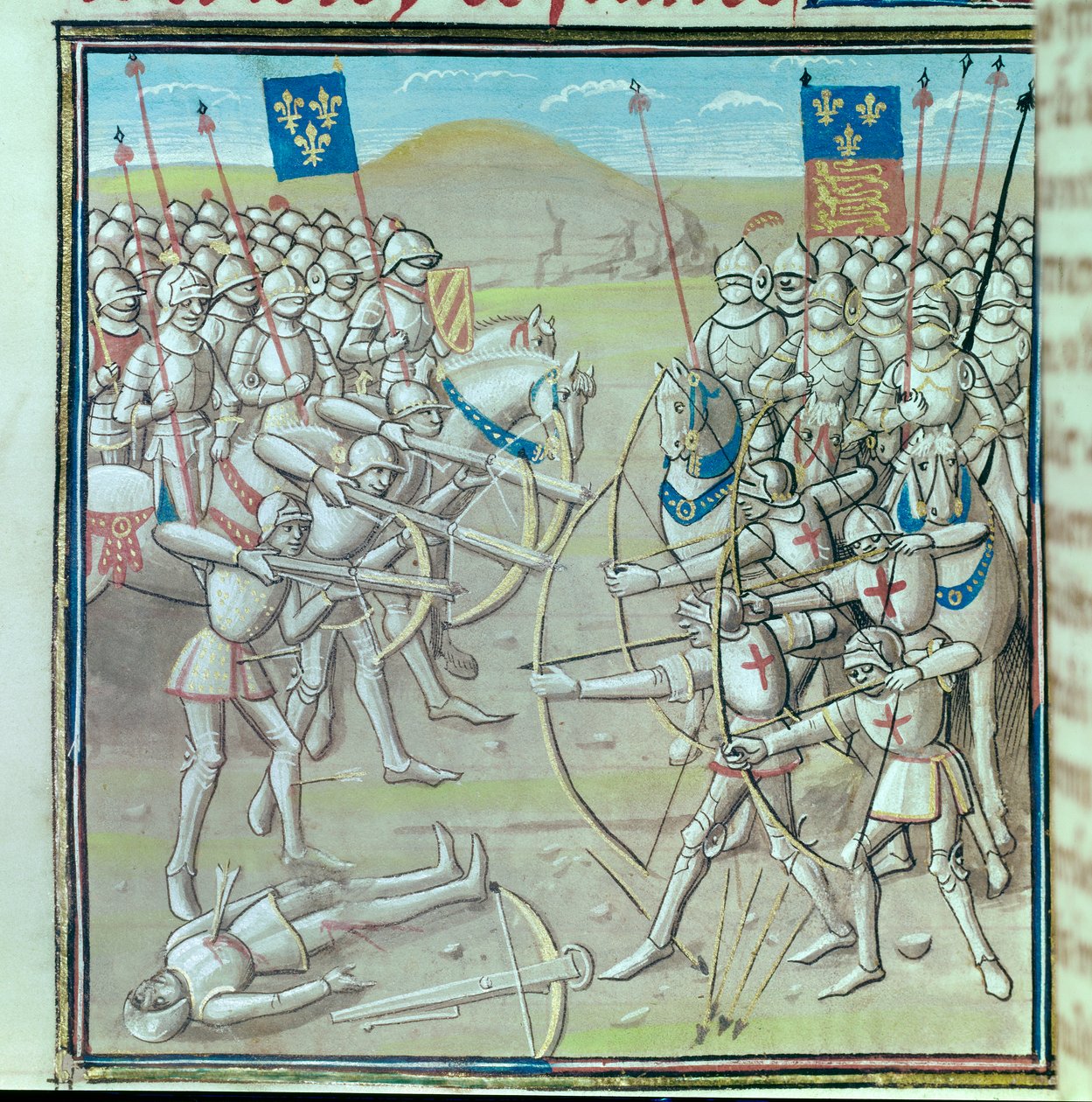 Hundraåriga kriget: slaget vid Crecy den 26/08/1346 mellan fransmän och engelsmän. Miniatyr från ett 1300-talsmanuskript Paris, Bibliotheque de l