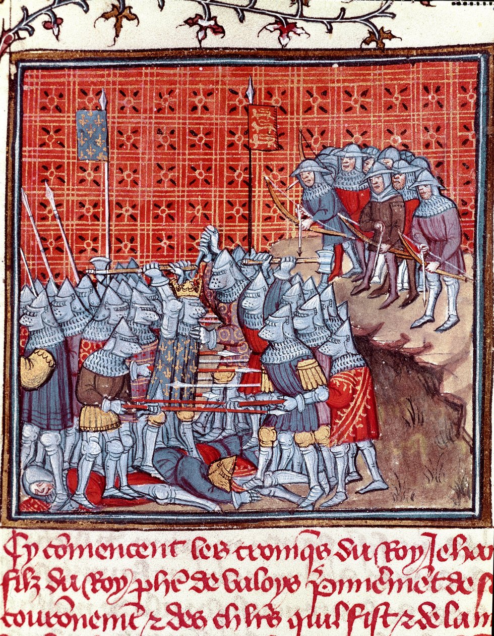 Hundraåriga krig: "" kungen av Frankrike Johannes II den gode (1319-1364) under en strid""" Miniatyr hämtad från "" Les grandes Chronicles de France""" av Jean Froissart (1337-1400) Chantilly från 1300-talet , Musee Conde av Unknown artist