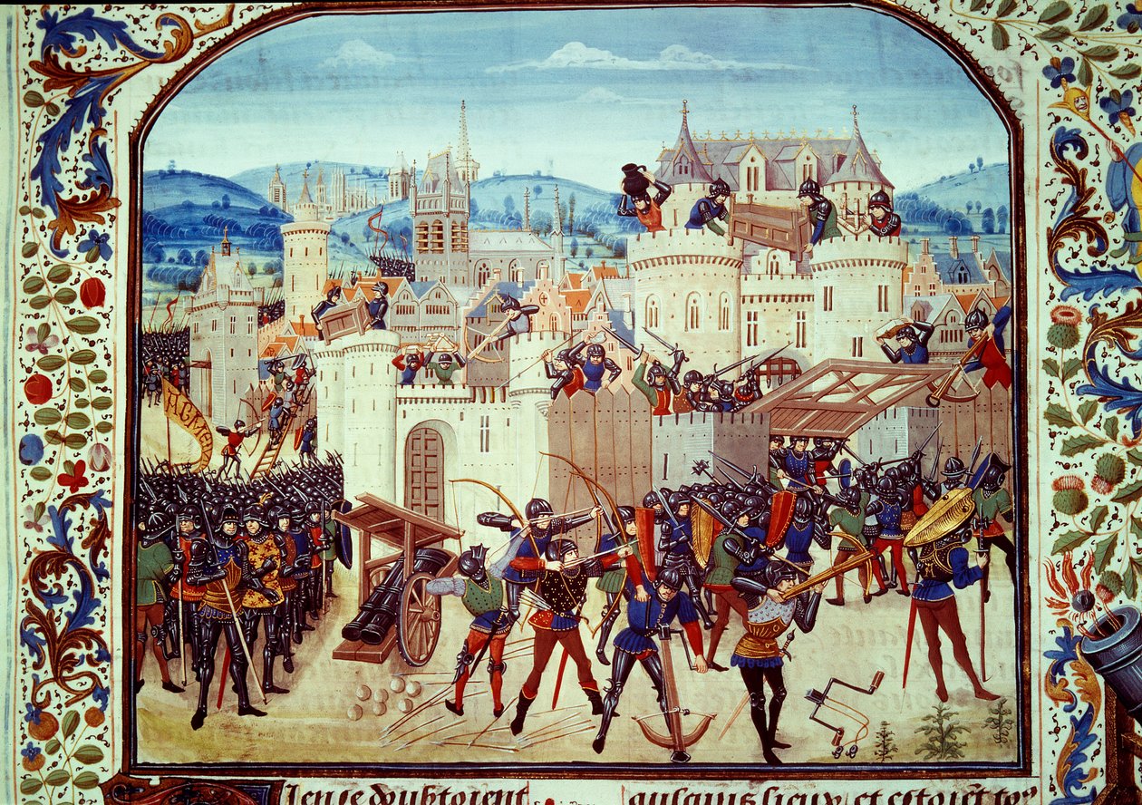 Hundraåriga kriget: väskan från staden Aubenton i Picardie av greve Jean de Hainaut 1340. Miniatyr från "Krönikor" av Jean Froissart (1337-1400) Paris. B.N. av Unknown artist