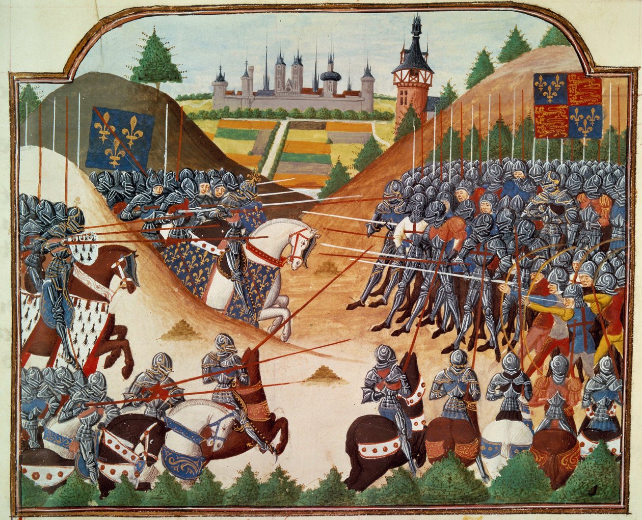 Hundraåriga kriget: slaget vid Formigny (Calvados) den 15/04/1450 mellan den engelska armén av Thomas Kyriell och Jean de Clermont. Miniatyr belyst från manuskriptet "" Vigiles du roi Charles VII"" i Jean Chartiers krönikor, redigerad av Mar av Unknown artist