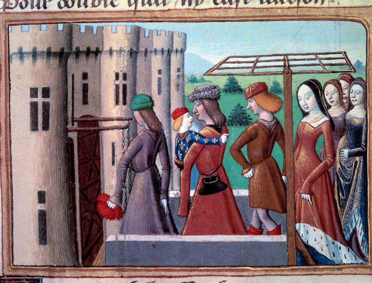 Hundraårskrig: delfinen och den blivande kungen Karl VII återvänder till Paris efter att ha flytt till Bourges vid tiden för inbördeskriget mellan Armagnacs och burgunder den 29/05/1418, juni 1418. Miniatyr från "" Vigilles du roi Charles VII ”” av Martial av Unknown artist