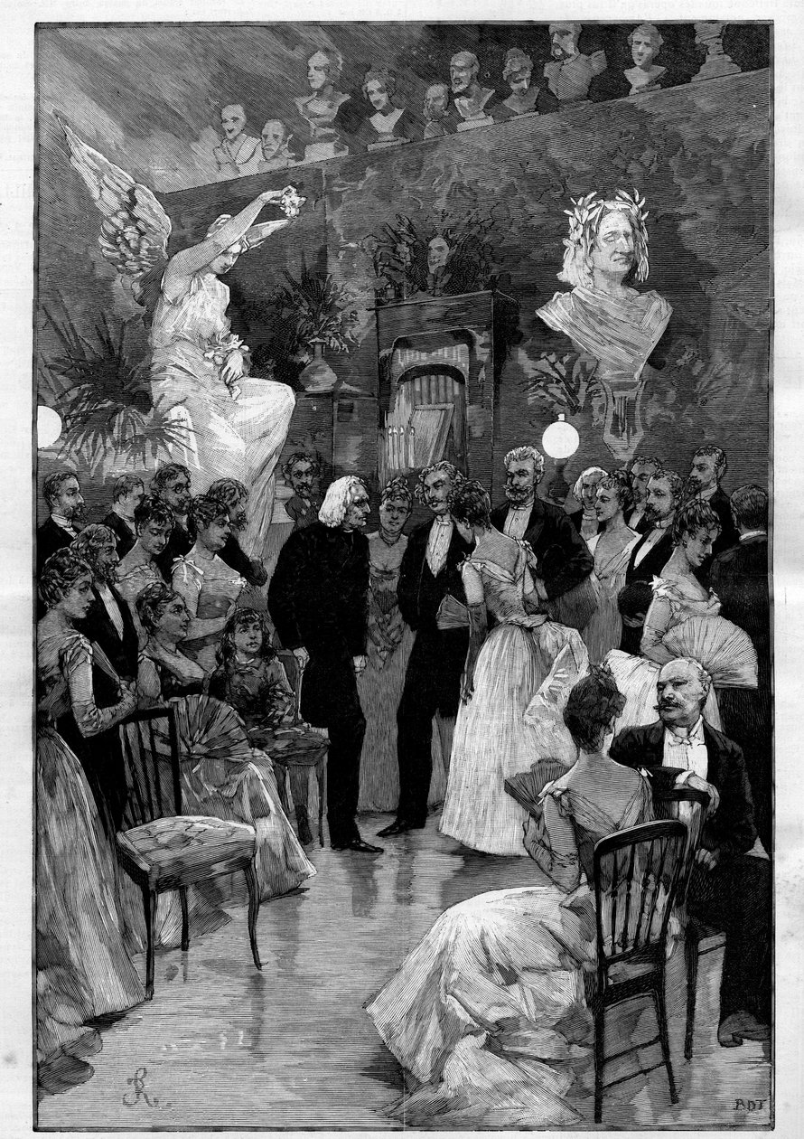 Den ungerske kompositören och pianisten Franz Liszt (1811-1886) i Paris under ett firande till hans ära i skulptören Cyprian Godebskis verkstad (1835 - 1909). Gravyr i "" Le Monde illustrious"" av Unknown artist