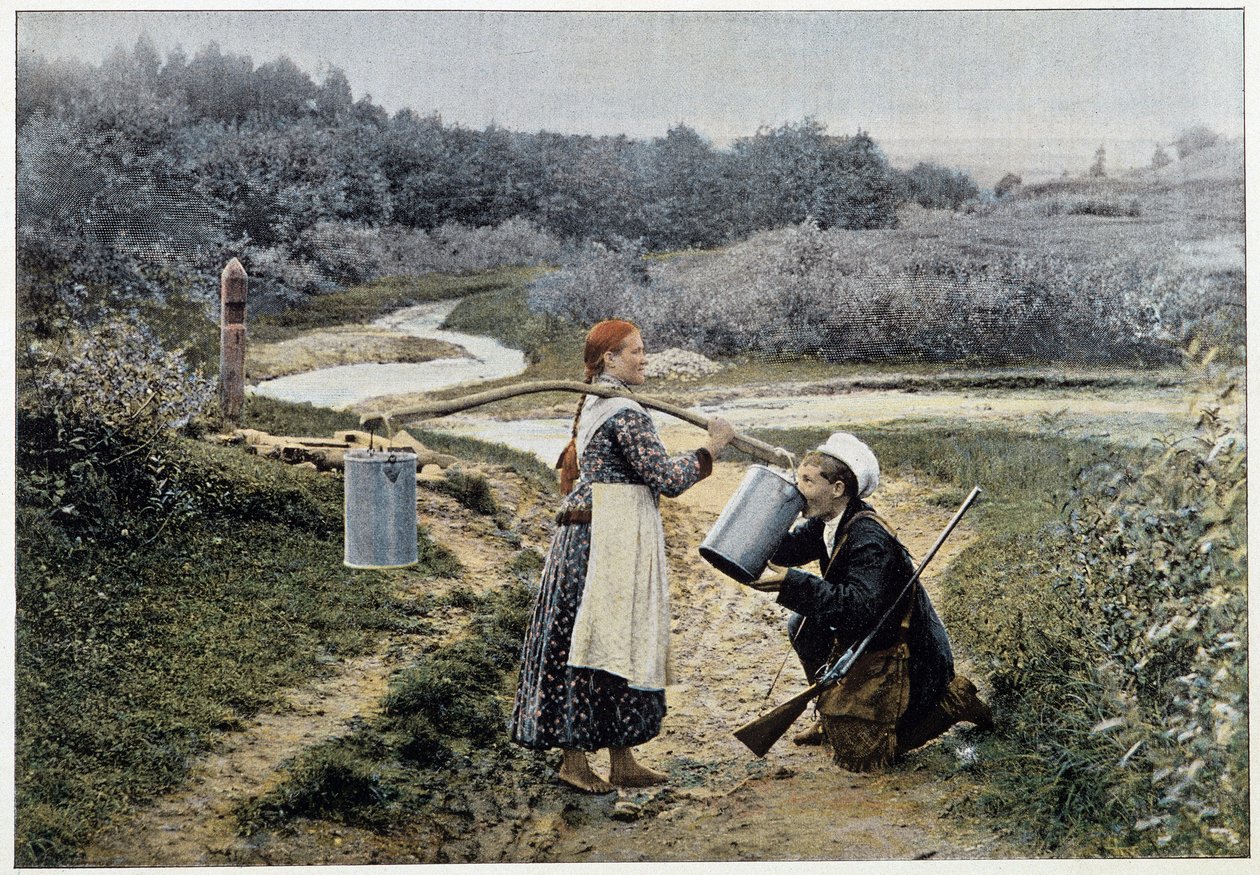 Jägare och flicka vid fontänen (Ryssland) - fotografi, sent 1800-tal av Unknown artist
