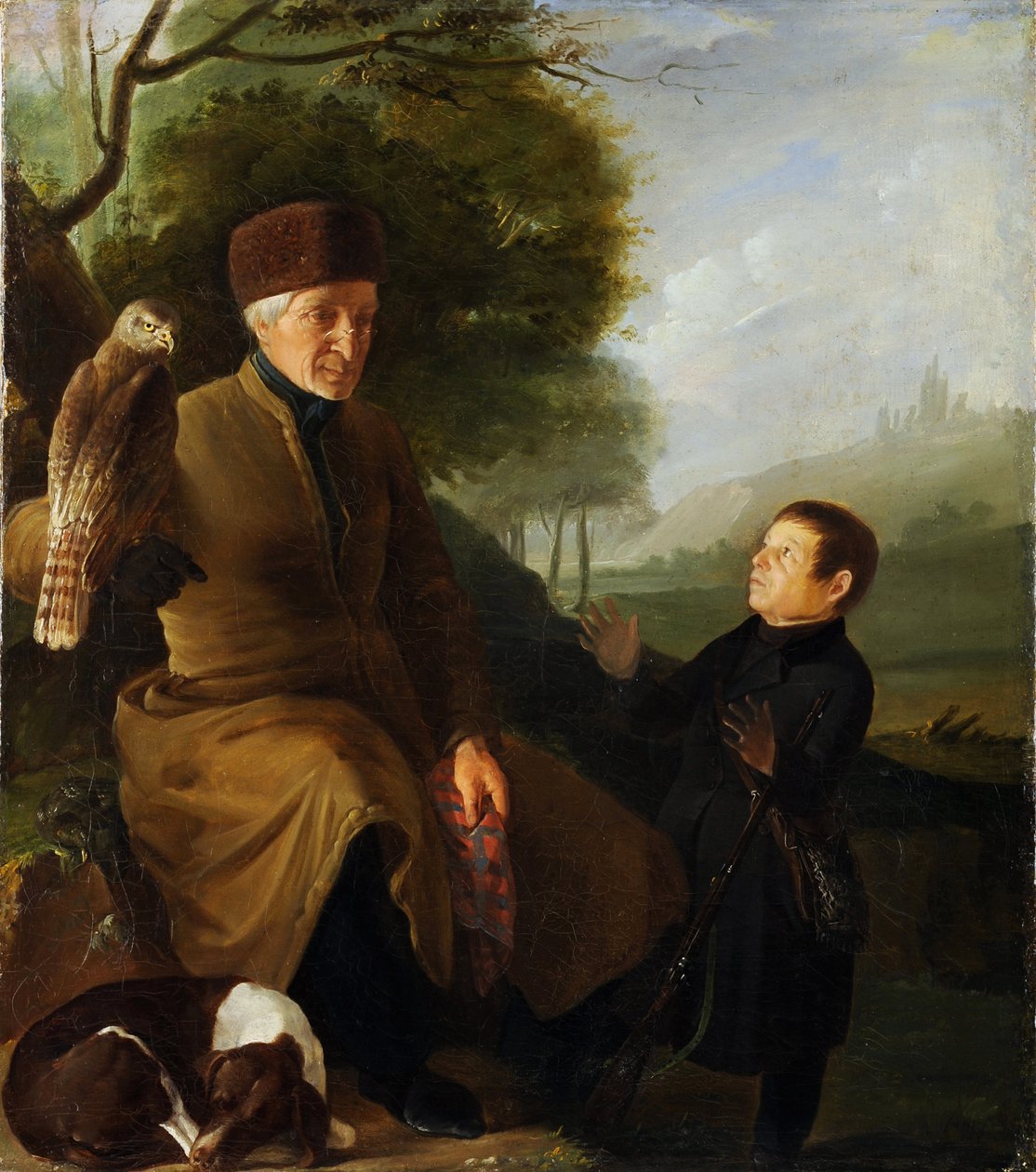 Jägare med falk. Porträtt av prins Platon Alexandrovich Zubov (1767-1822) och Ivan Andreevich Yakubovsky (1770-1864), Anonym. Olja på duk, slutet av 1810-talet, Statens museum för arkitektur, historia och konst, Vladimir av Unknown artist