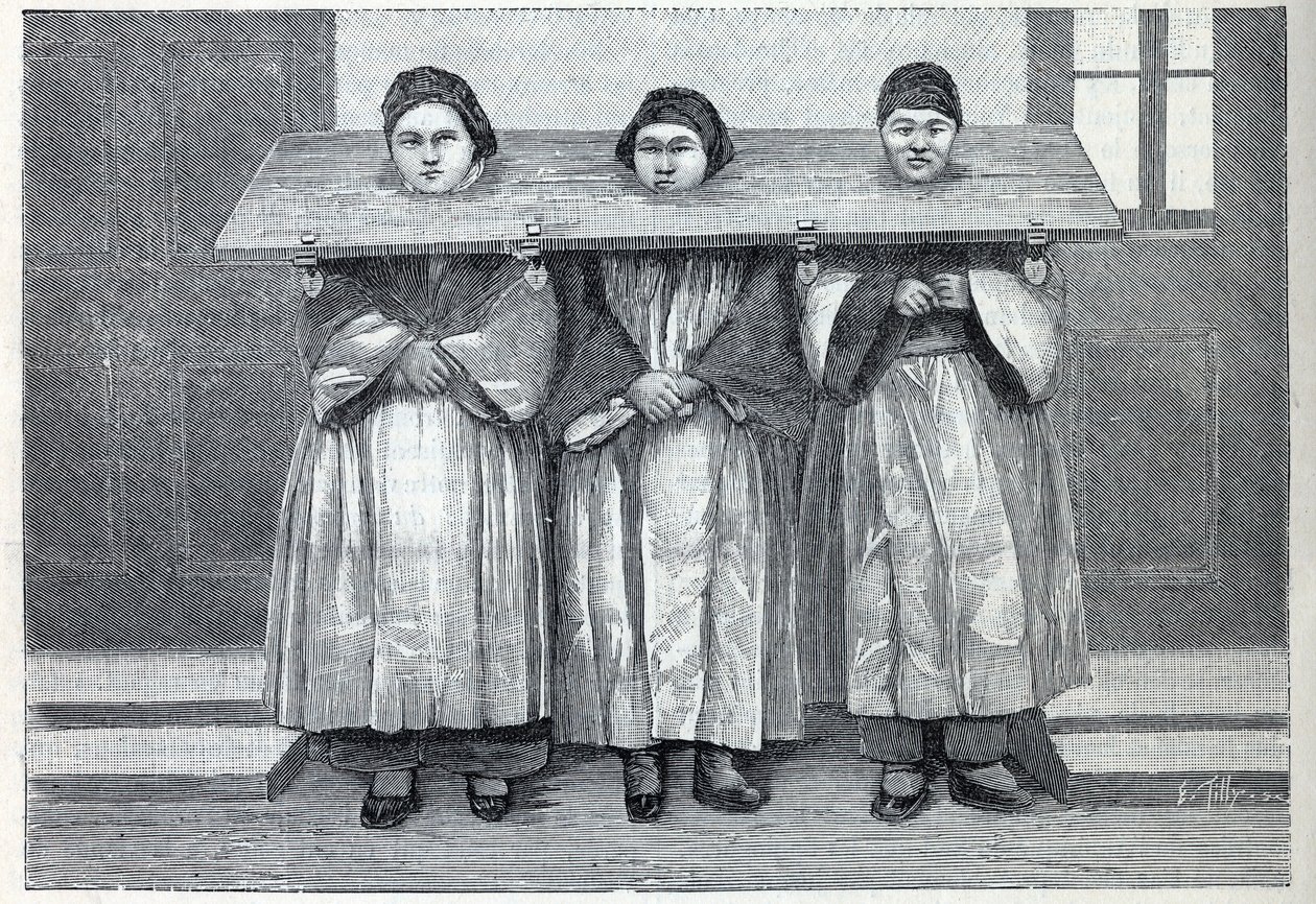 Jakt i Kina: cangue, en plågaapparat (en sorts pelare) gäller för barnmördande mödrar. Gravyr i "" La Nature"" av Unknown artist