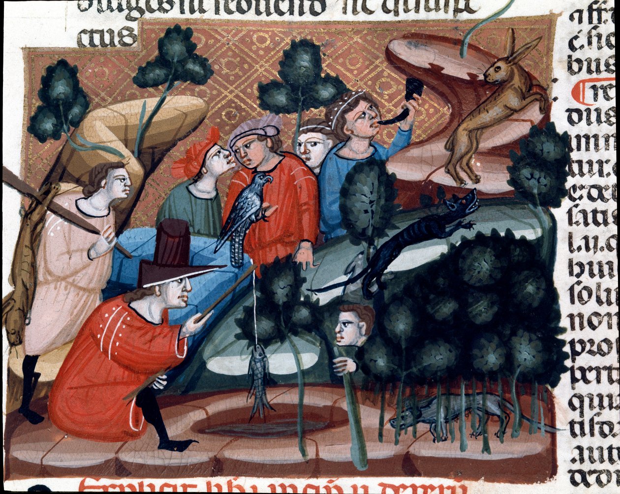 Jaktscener Miniatyr hämtad från Justinian Code (Codex Justinianus), en samling lagar och institutioner publicerade under den romerske kejsaren Justinian I av Bysans (483-565) av Unknown artist