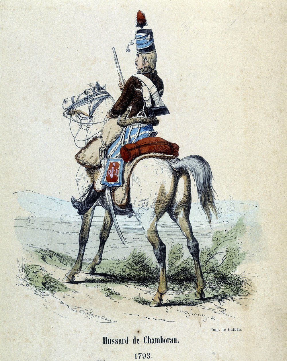 Hussard de Chamborant a 1793 till häst. av Unknown artist