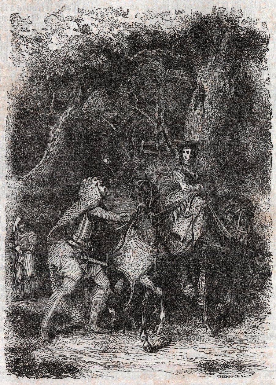 Hypalca Arreted by Rodomont - 1851 gravyr från "" Furious Roland"" (Orlando furioso) (1500-talet) av Ludovico Ariosto, känd som Ariosto - Upplaga översatt från italienska av greven av Tressan och publicerad av Gustave Harvard 1851 av Unknown artist