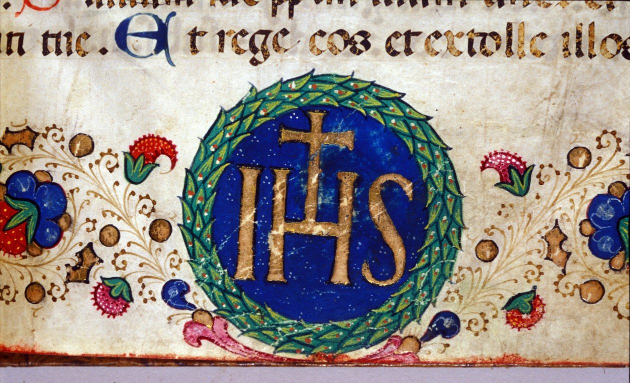 IHS kristen symbol vars betydelse är Jesus. 1400-talsmanuskript. av Unknown artist