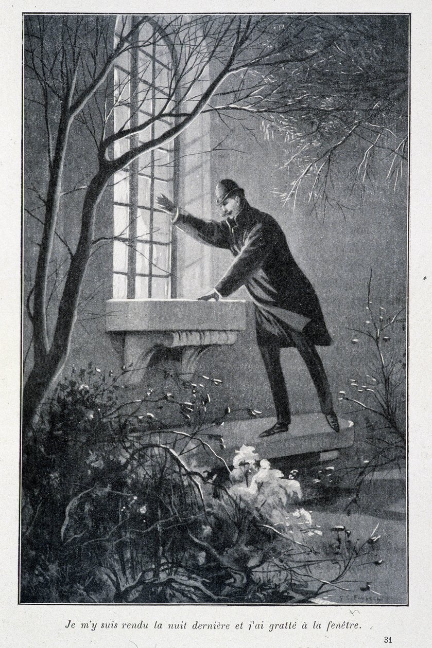 Jag gick i går kväll och kliade på fönstret, illustration i Conan Doyles "The Premiers Exploits of Sherlock Holmes". Sd. omkring 1890 av Unknown artist