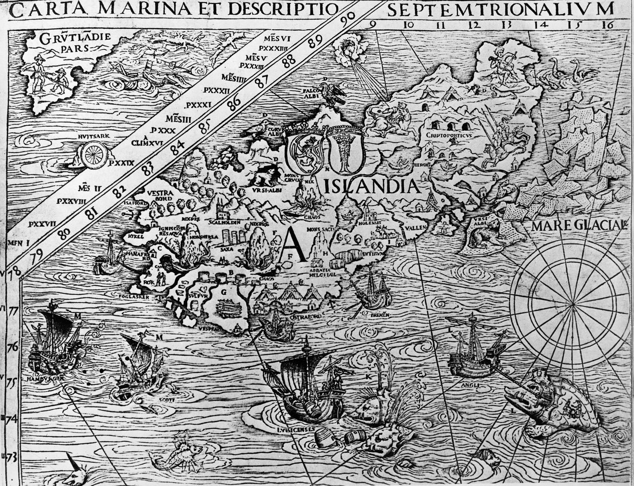 Island, cirka 1539, detalj från Carta marina av svensk ärkebiskop, Olaus Magnus (1490-1557) av Unknown artist