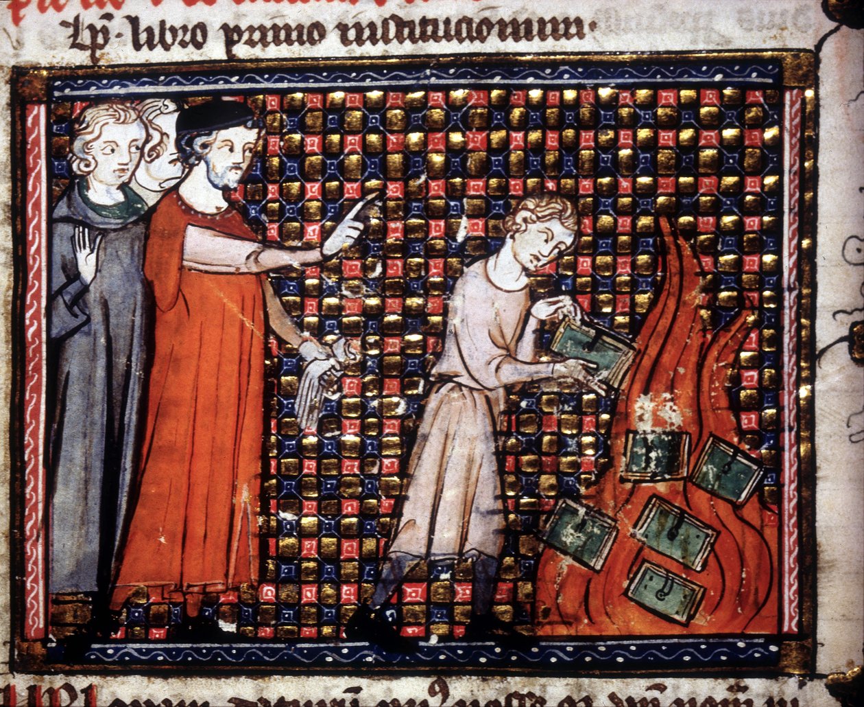 Ikonoklaster kastar miniatyrmanuskript i elden. 1300-talsmanuskript. av Unknown artist