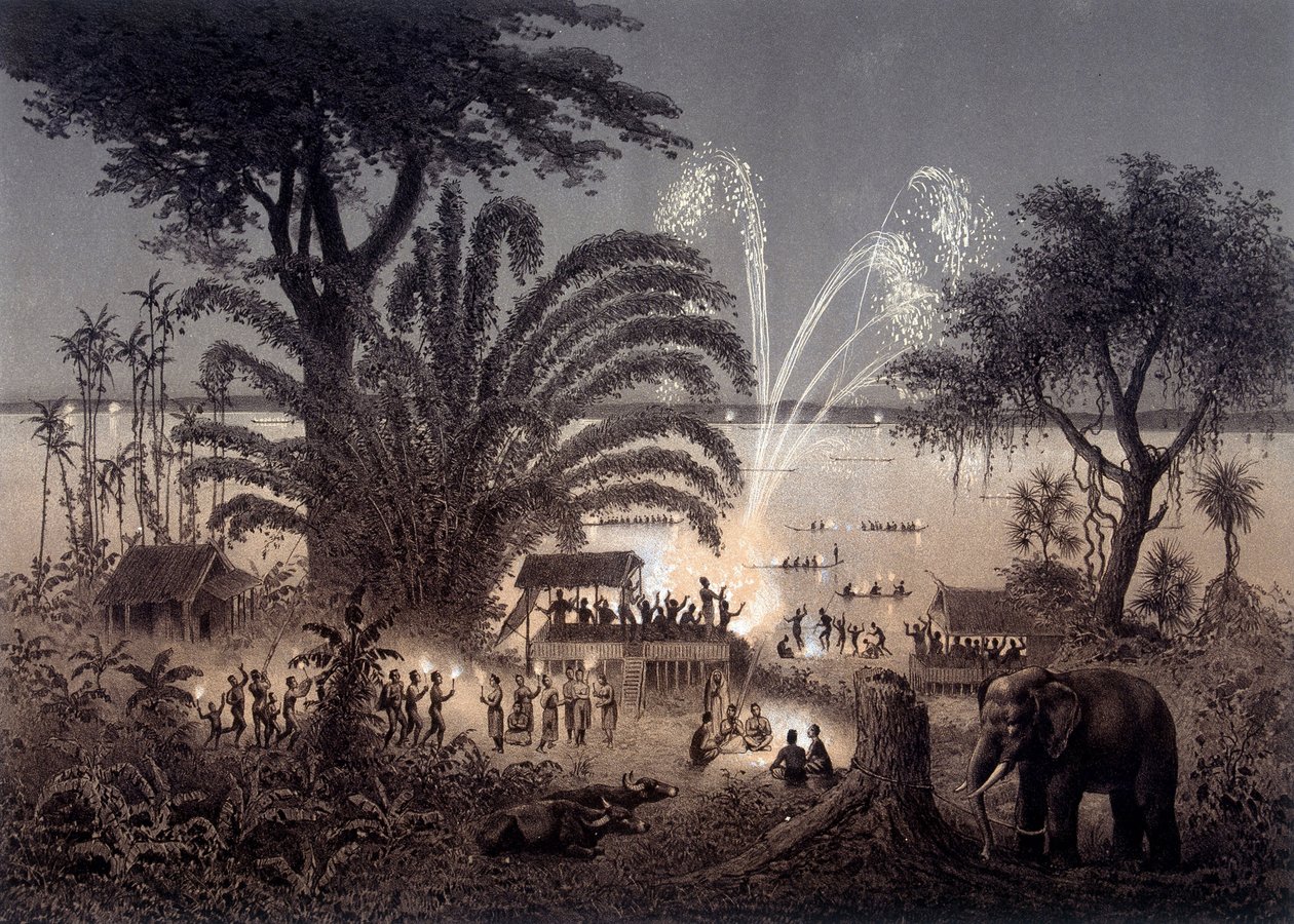 Belysning av floden under festivalen i Bassac, Siamese Laos. I "" Atlas över utforskningsresan i Indokina genomförd under åren 1866-1868"" publicerad under ledning av F. Garnier 1873. av Unknown artist