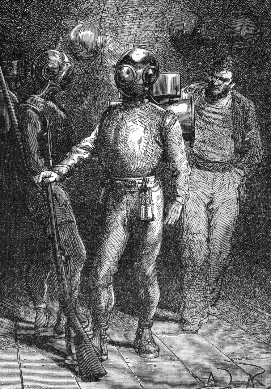 Illustration från ""Twenty Thousand Leagues Under the Sea"" (Vingt-mille - 20 000 - 20000) av Jules Verne. En sjöman från Nautilus iklädd Rouquayrol - Denayrouze dykardräkt. 1800-talsgravyr. av Unknown artist