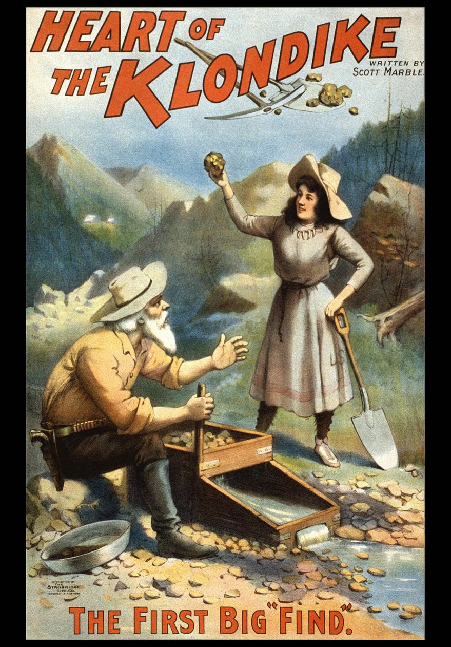 Illustration som visar en guldsökare i Klondike. Klondikes hjärta av S. Marble. Affisch från slutet av 1800-talet. av Unknown artist