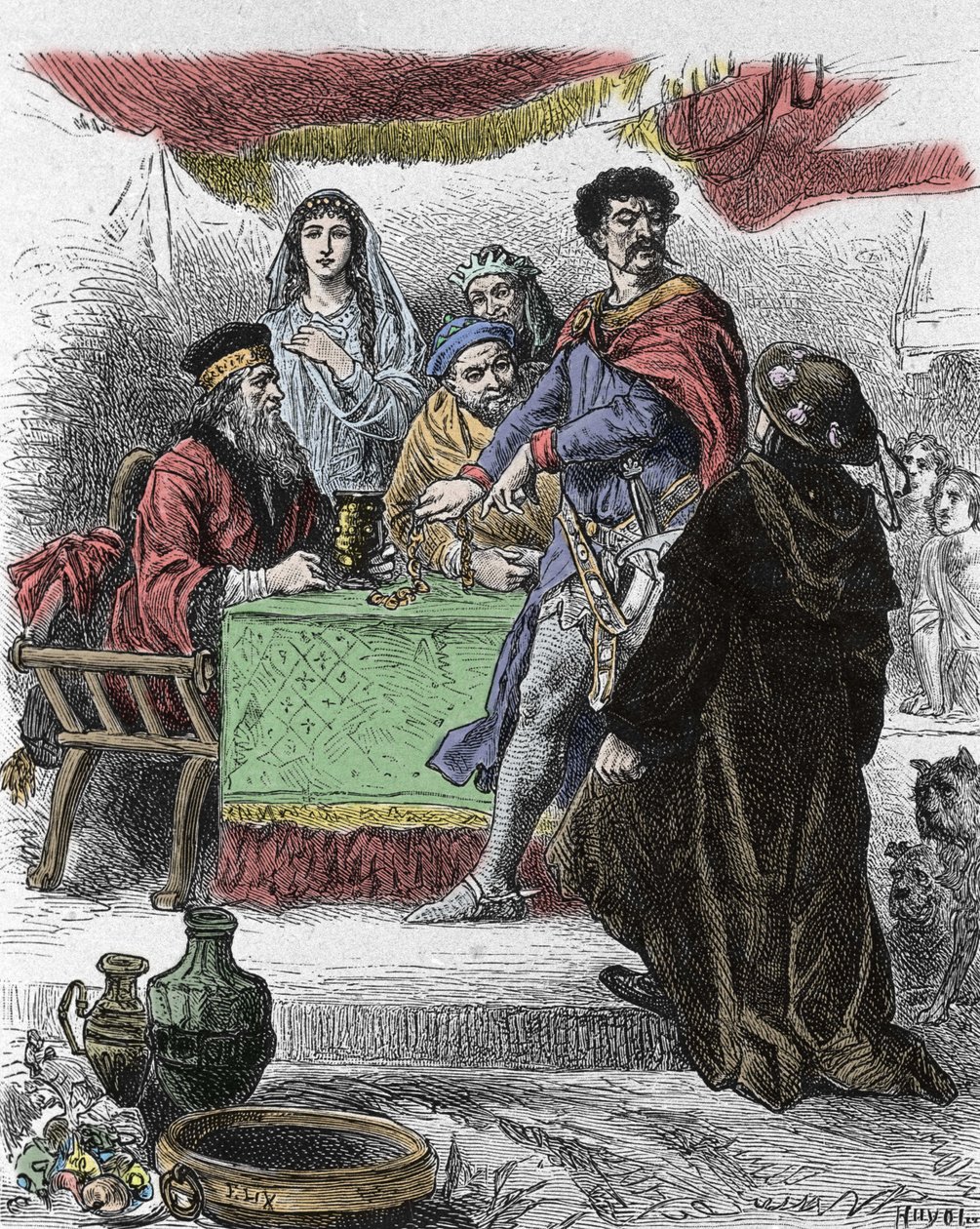 Illustration till "Ivanhoe" av Walter Scott (1771-1832), skotsk författare: Ivanhoe utmanas av den sachsiske riddaren Brian de Bois Guilbert. av Unknown artist