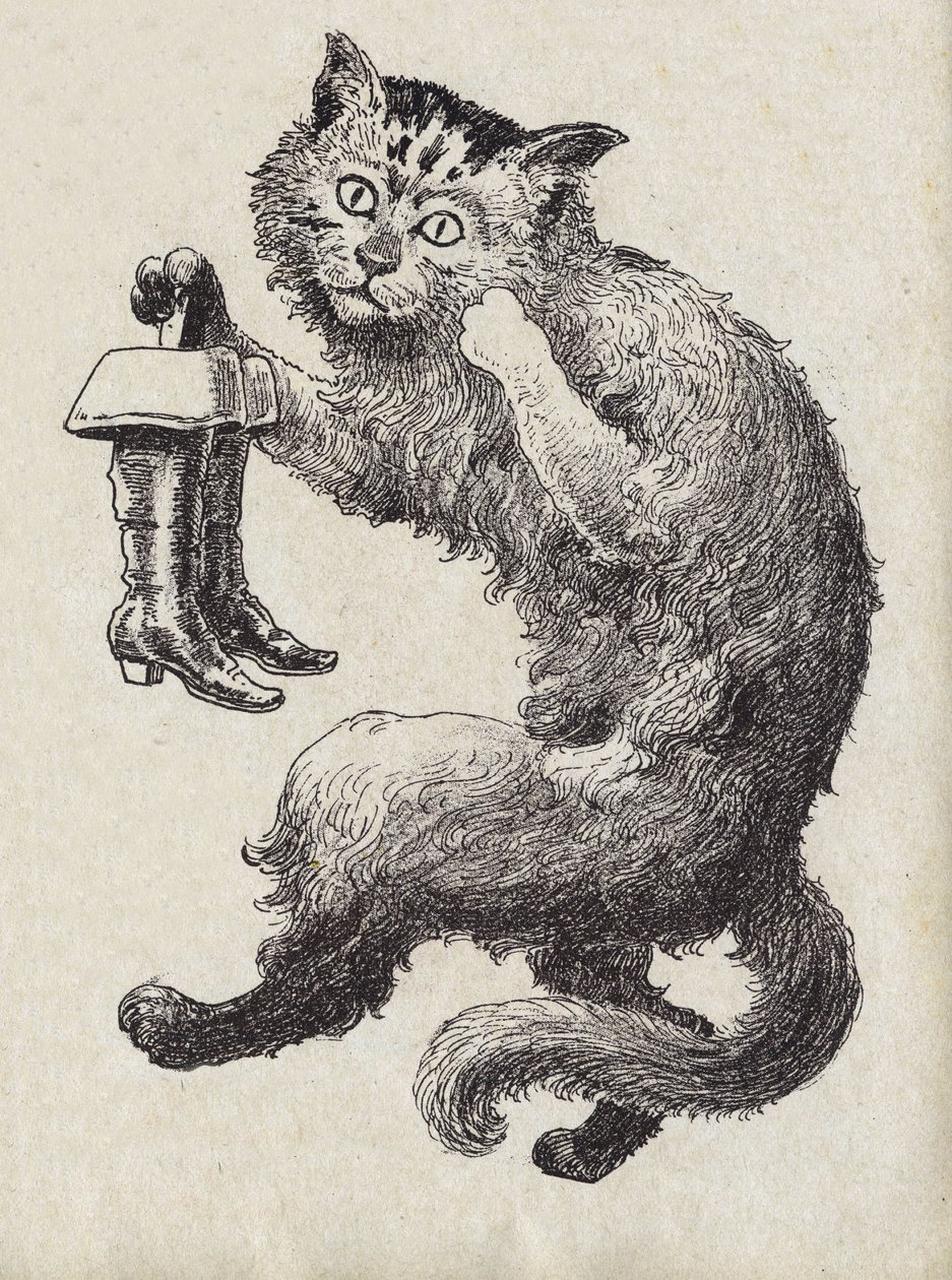 Illustration för "" Le chat Botte", berättelse av Charles Perrault (1628-1703), fransk författare. Anonym illustration. Bildmaterial Marcel Vagne, Jarville Nancy, odaterat (slutet av 1800-talet). av Unknown artist