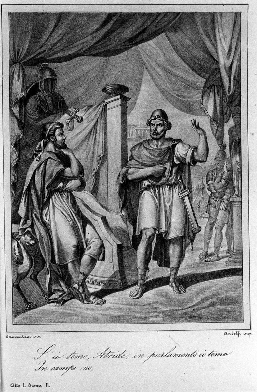 Illustration för scen 2 av akt I av "Ajax"" (Aiace) av den italienske poeten och dramatikern Ugo Foscolo (1778-1827) 1800-talet av Unknown artist