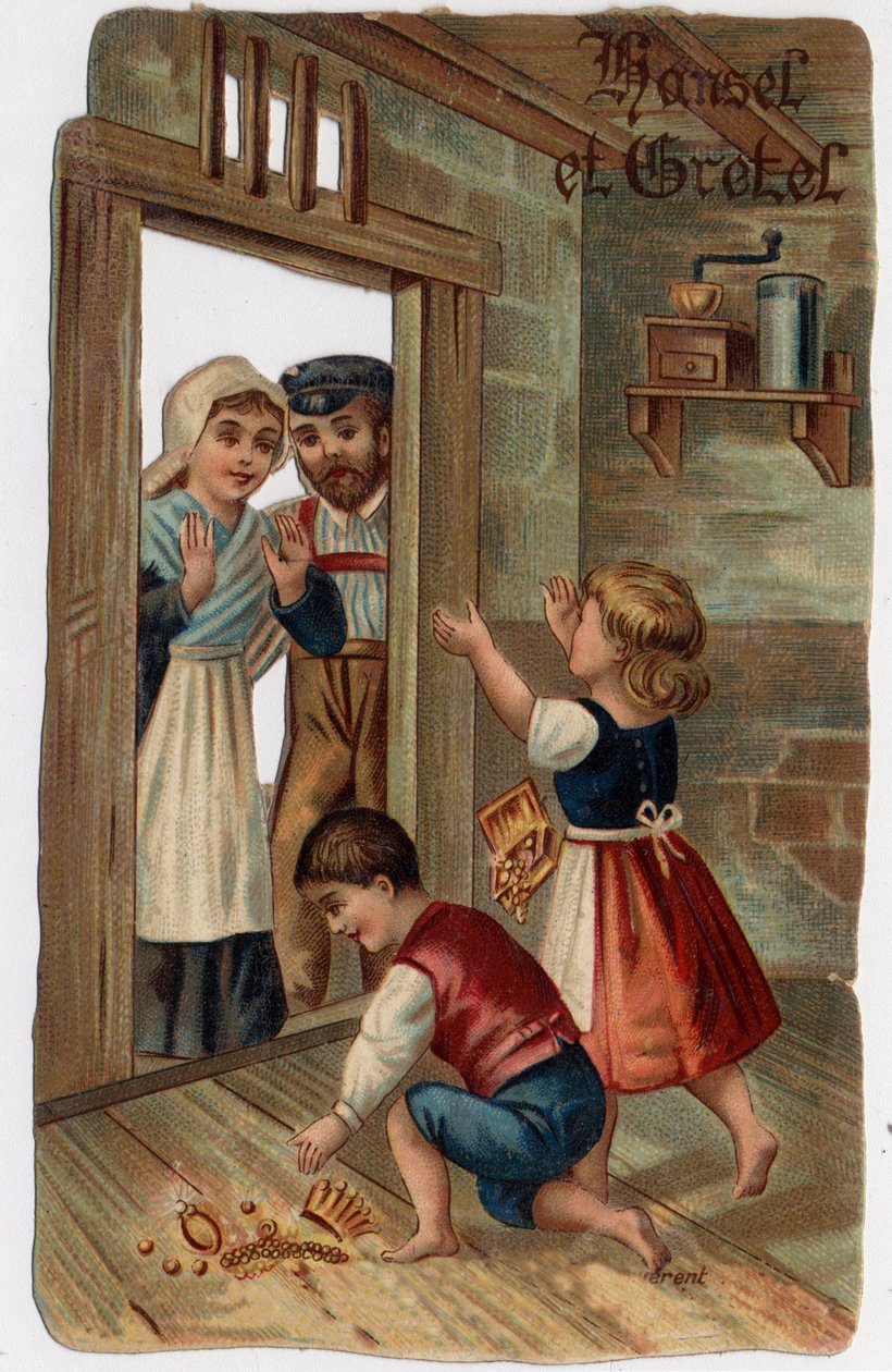 Illustration till berättelsen om bröderna Grimm "Hansel och Gretel"": Hansel och Gretel återvände till sina hem och gav sina föräldrar de juveler de hade haft. Kromolitografi från slutet av 1800-talet. av Unknown artist