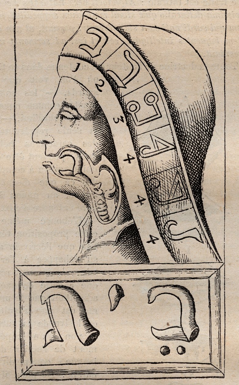 Illustration från: "The Alphabet of Nature" (The Alphabet of Nature) av Francis Mercurius van Helmont (1618–1699) (Francois Mercure Van Helmont hävdade att varje bokstav i det hebreiska alfabetet (ansågs vara början) av Unknown artist
