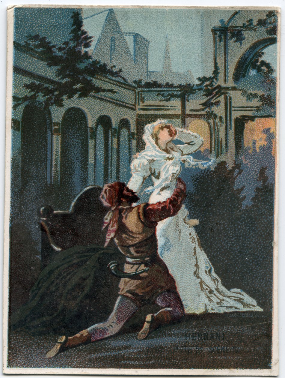 Illustration av "" Ernani" av den italienska kompositören Giuseppe Verdi (1813 - 1901), akt 2, scen IV opera skapad 1844 efter tragedin "" Hernani"" av Victor Hugo. Kromolitografi från slutet av 1800-talet. av Unknown artist
