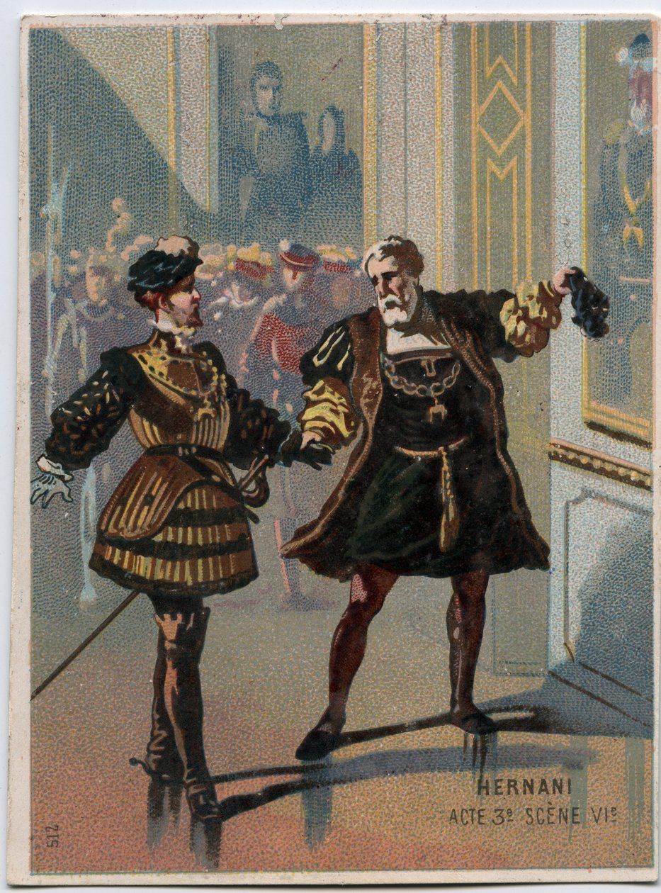 Illustration av "" Ernani" av den italienska kompositören Giuseppe Verdi (1813 - 1901), akt 3, scen VI opera skapad 1844 efter tragedin "" Hernani"" av Victor Hugo. Kromolitografi från slutet av 1800-talet. av Unknown artist