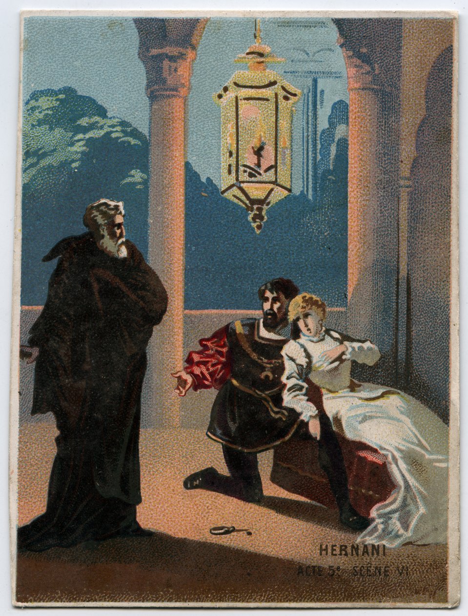 Illustration av "" Ernani" av den italienska kompositören Giuseppe Verdi (1813 - 1901), akt 5, scen VI opera skapad 1844 efter tragedin "" Hernani"" av Victor Hugo. Kromolitografi från slutet av 1800-talet. av Unknown artist