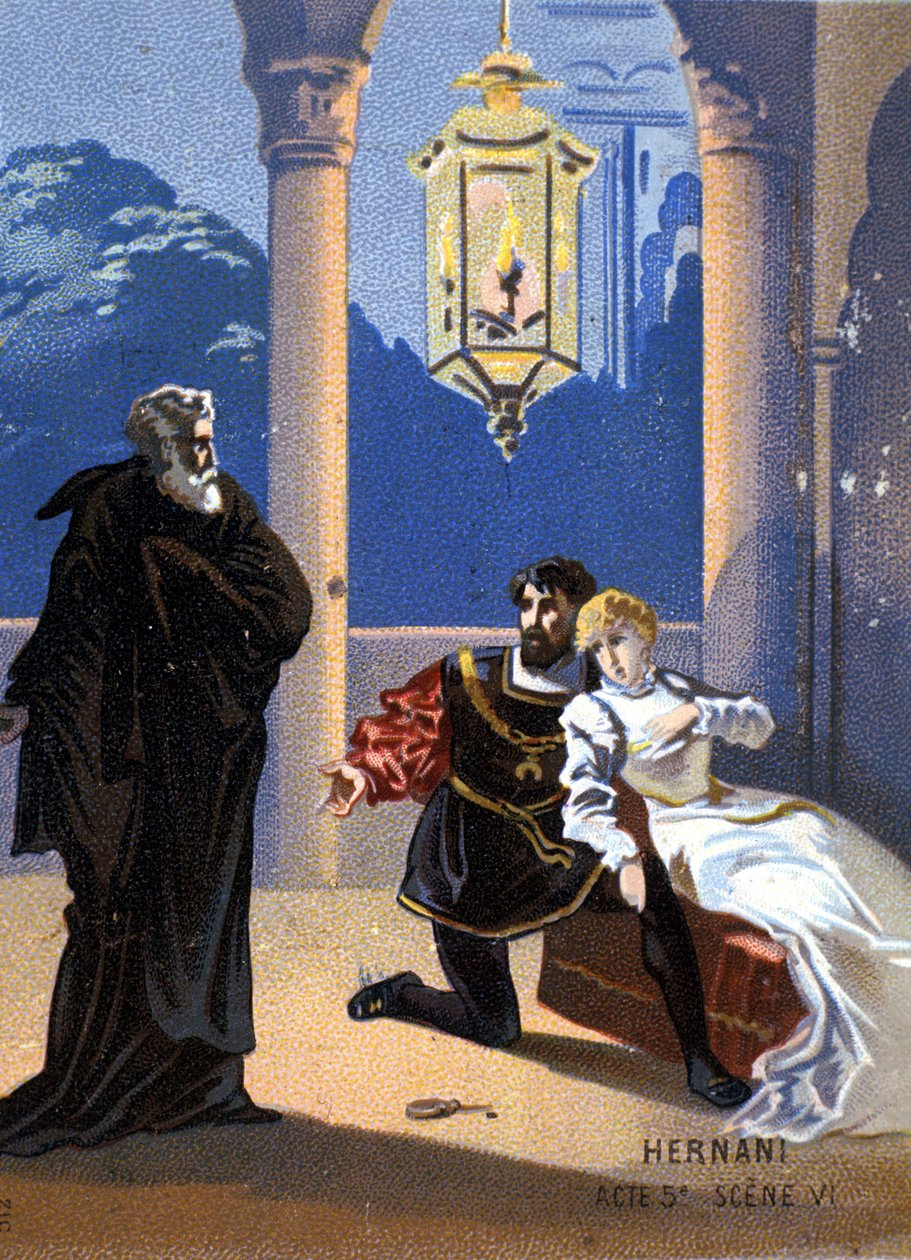 Illustration av "Ernani" av den italienske kompositören Giuseppe Verdi (1813 - 1901), akt V, scen 6, opera skapad 1844 efter Victor Hugos tragedi "Hernani". kromolitografi från slutet av 1800-talet.. av Unknown artist