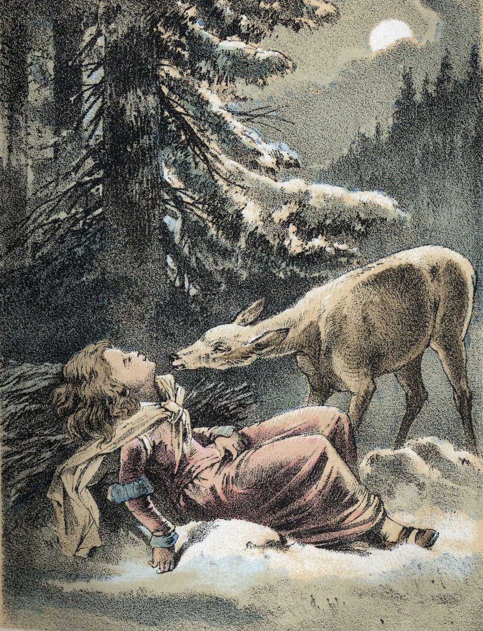 Illustration av Franz Hoffmanns berättelser "" Sagor och fabler - Von Weifsh¿ndchen und breitf¿fschen"": en flicka svimmade i snön och ett rådjur. Kromolitografi av 1800-talet. av Unknown artist