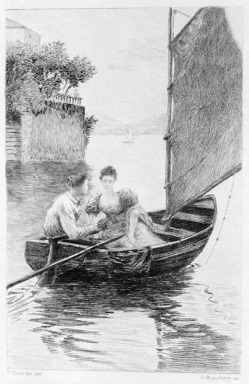 Illustration av "Red and Black" av Stendhal. 1830. Julien Sorel och Madame de Renal representerade på en segelbåt. Gravyr från slutet av 1800-talet. av Unknown artist