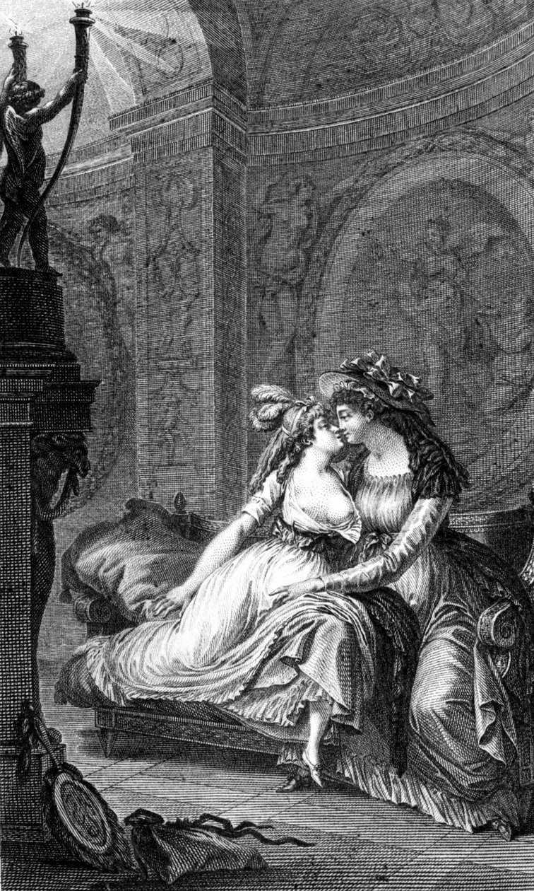 Illustration av "De farliga länkarna" av Choderlos de Laclos (1741 - 1803): scen för frigörelse mellan två kvinnor. av Unknown artist