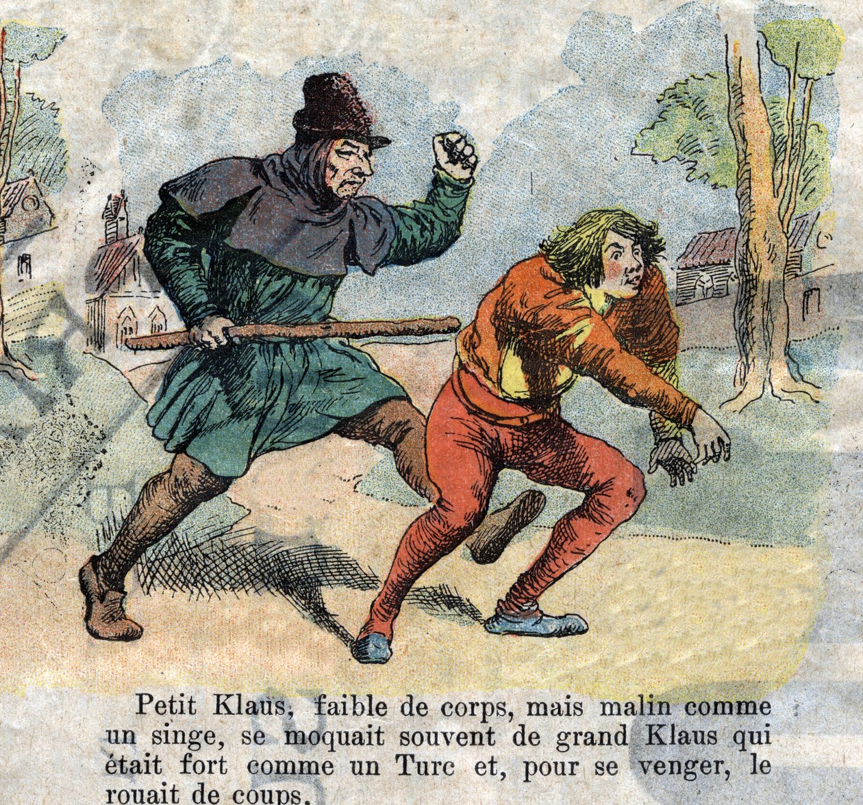 Illustration av slutet av 1800-talet för berättelsen av Hans Christian Andersen (1805-1875) "Store Claus och Lille Claus" (Klaus). Privat samling. av Unknown artist