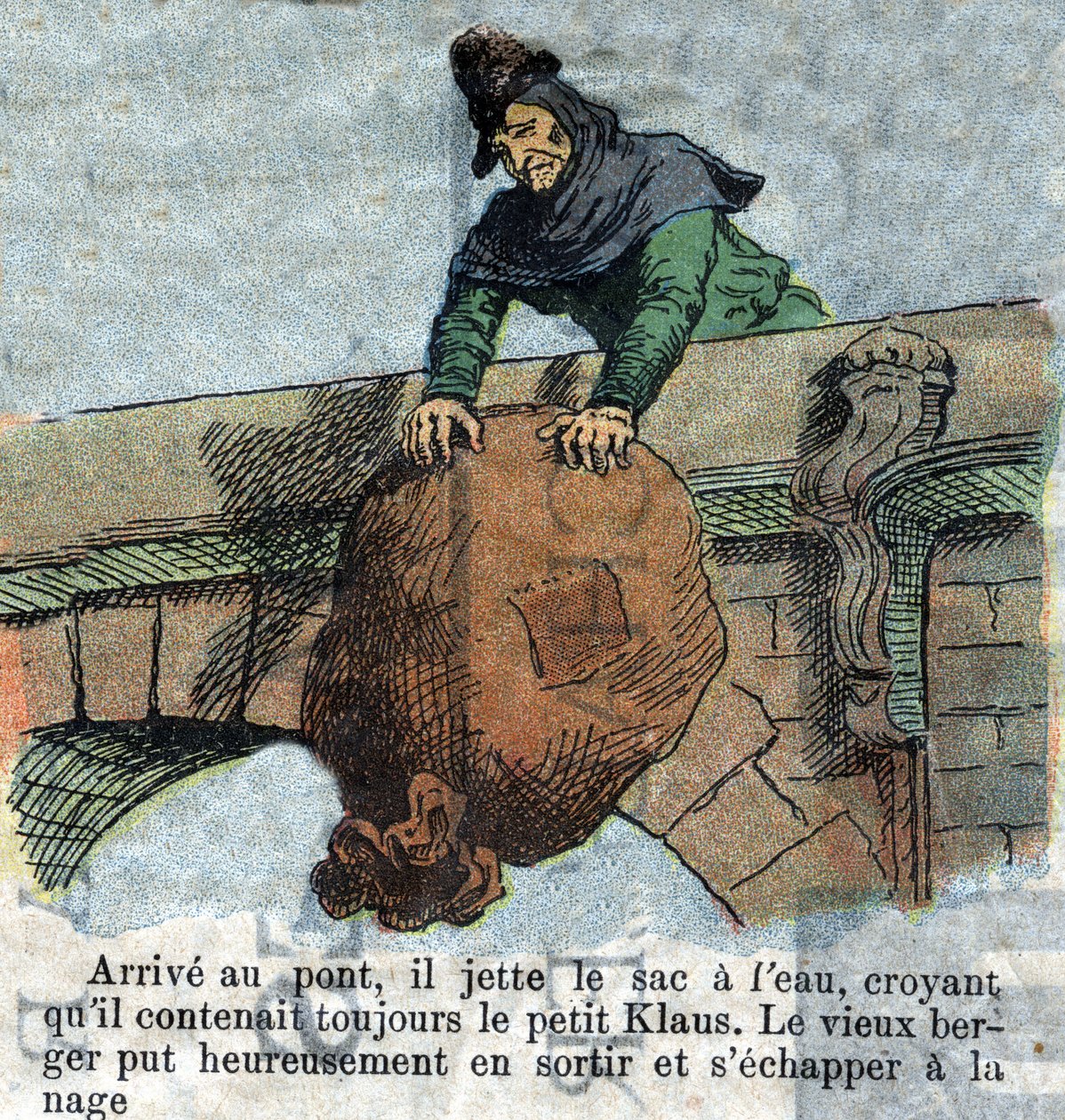 Illustration av slutet av 1800-talet för berättelsen av Hans Christian Andersen (1805-1875) "Store Claus och Lille Claus" (Klaus). Privat samling. av Unknown artist