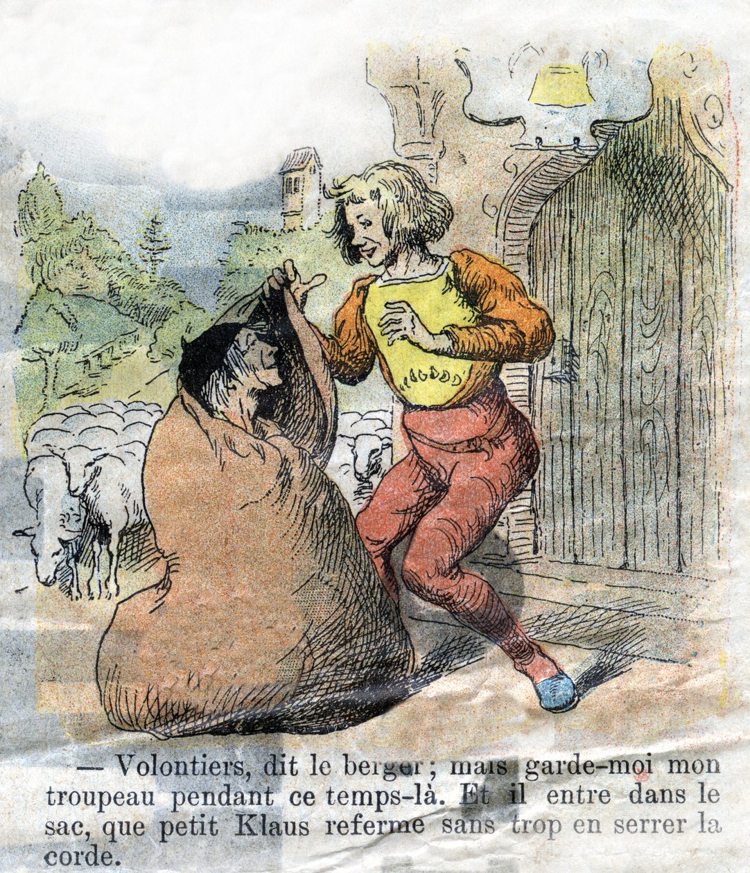 Illustration av slutet av 1800-talet för berättelsen av Hans Christian Andersen (1805-1875) "Store Claus och Lille Claus" (Klaus). Privat samling. av Unknown artist