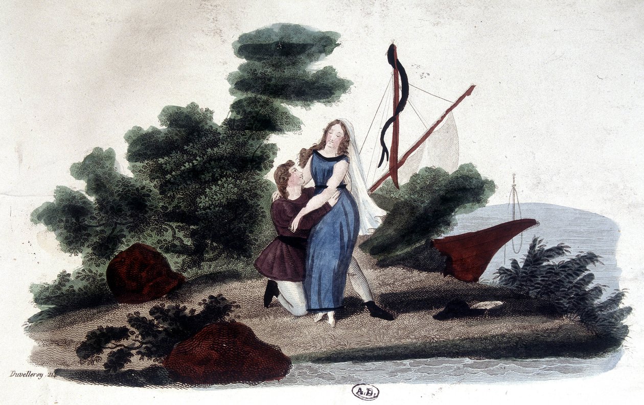 Illustration av romanen "" Paul and Virginie"" skriven Henri Bernardin de Saint Pierre (Saint-Pierre eller St-Pierre), fransk författare (1737-1814). av Unknown artist