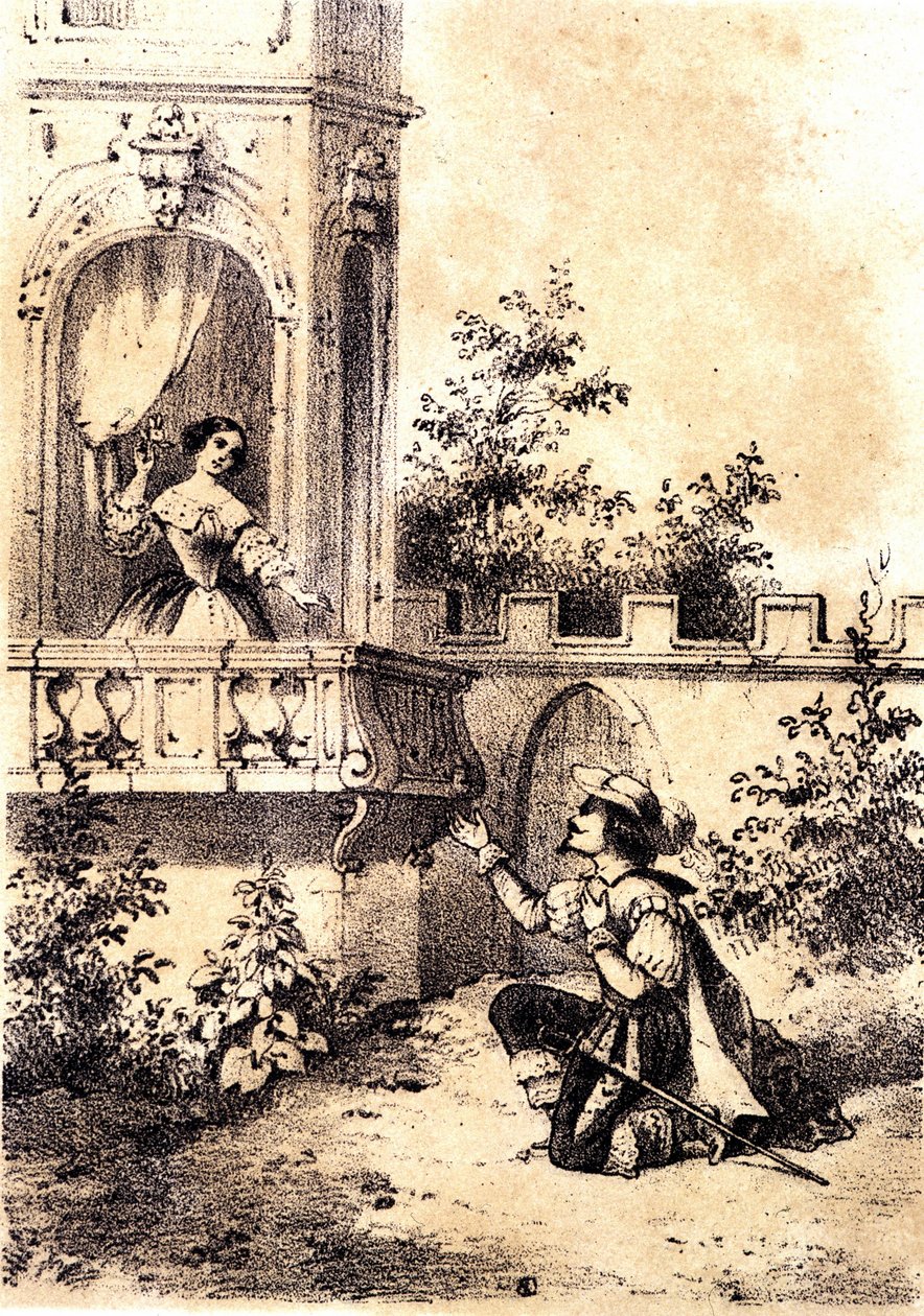 Illustration av låten "The King made the drum beat"": en man som förklarar sin kärlek till en kvinna vid hans fönster. sd. av Unknown artist