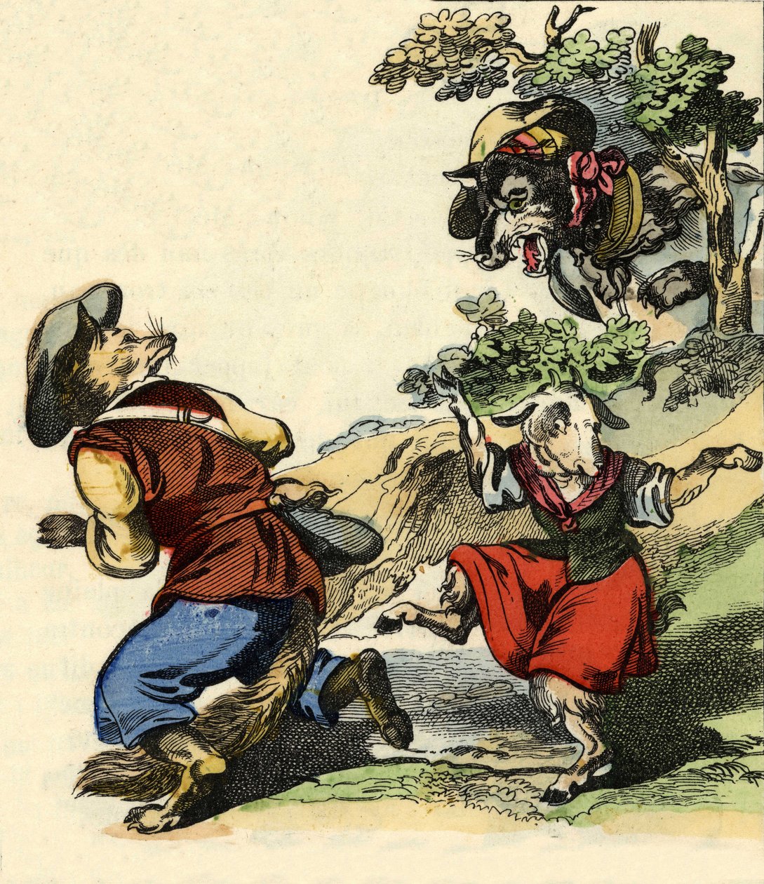Illustration av berättelsen "Bon medor och lilla Chevrette". I "" Sagor från hemmet för de minsta"". Anonym gravyr från 1800-talet. av Unknown artist