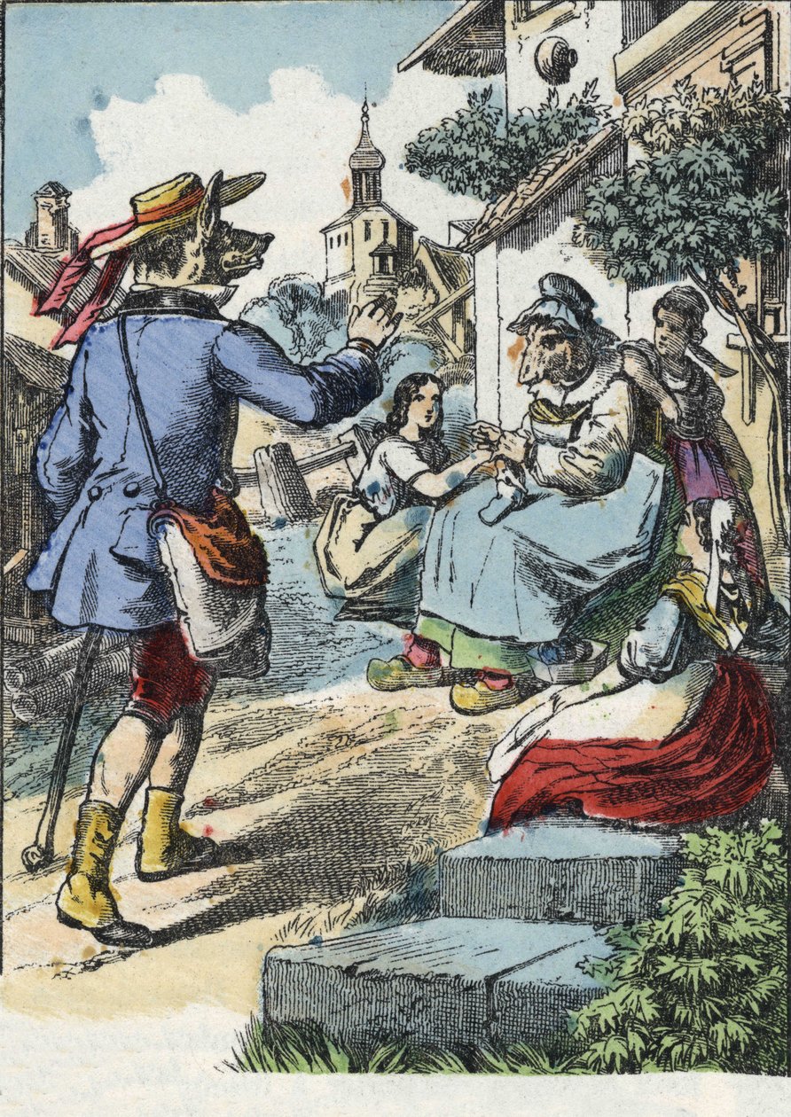 Illustration av berättelsen "God mamma får"". I "" Sagor från hemmet för de minsta"". Anonym gravyr från 1800-talet. av Unknown artist