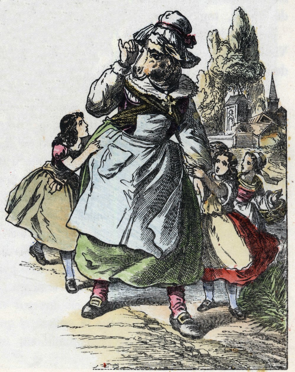 Illustration av berättelsen "God mamma får"". I "" Sagor från hemmet för de minsta"". Anonym gravyr från 1800-talet. av Unknown artist