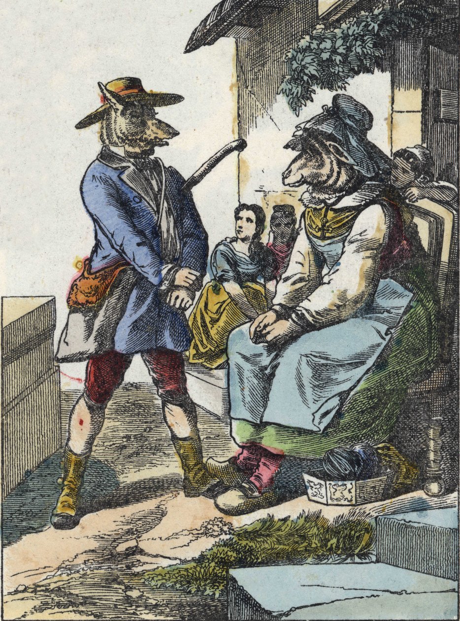 Illustration av berättelsen "God mamma får"". I "" Sagor från hemmet för de minsta"". Anonym gravyr från 1800-talet. av Unknown artist