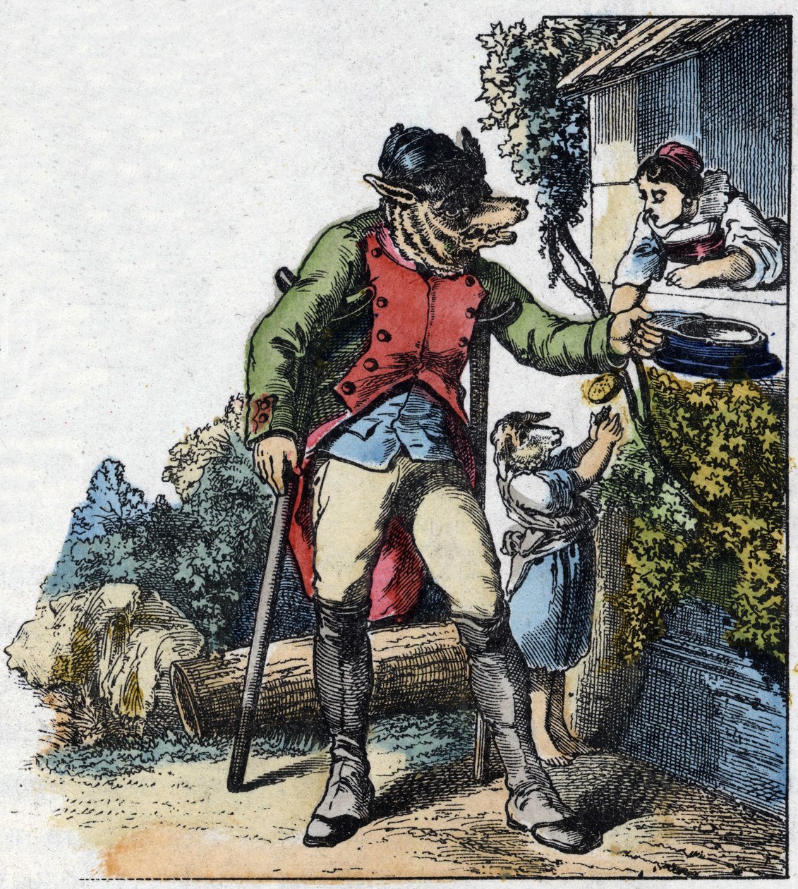 Illustration av berättelsen "God mamma får"". I "" Sagor från hemmet för de minsta"". Anonym gravyr från 1800-talet. av Unknown artist